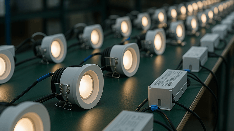 A production line of LED downlights being assembled and tested