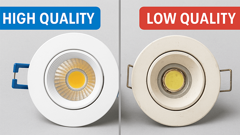 A split image showing a high-quality downlight component vs a low-quality one