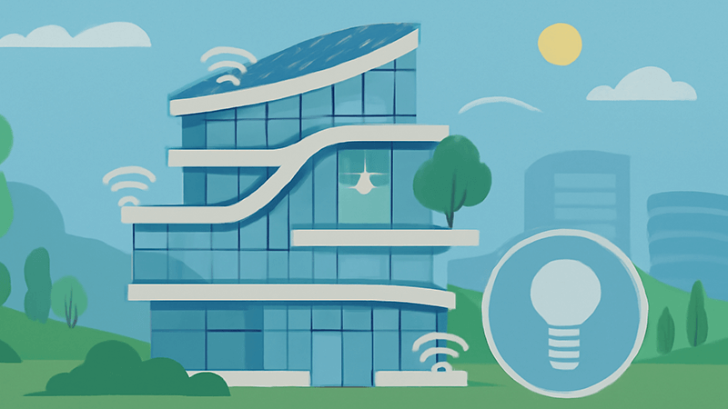 An illustration of a futuristic, sustainable building with integrated smart LED lighting systems