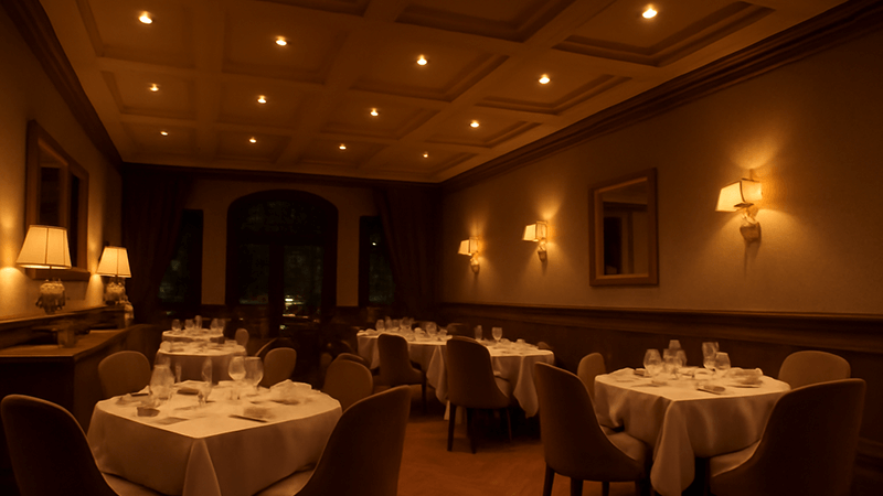 A luxury restaurant interior with warm COB LED downlight illumination
