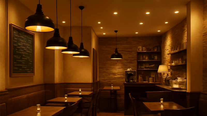 A cozy cafe with layered lighting from pendants and downlights