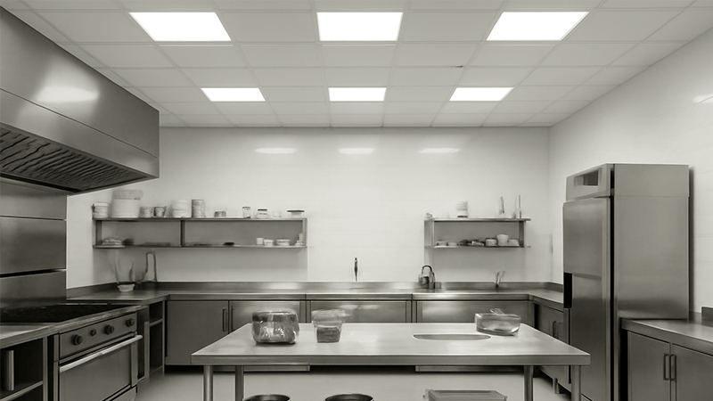 A bright and clean commercial kitchen with LED panel lighting