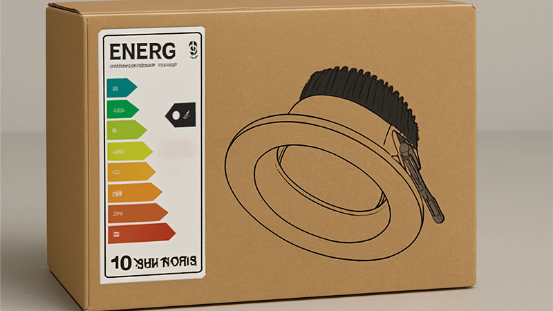 An energy efficiency label on an LED downlight box