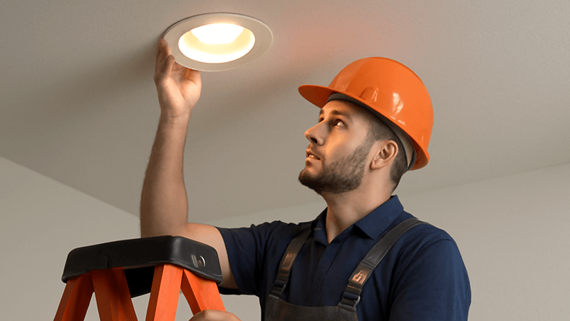 An electrician on a ladder installing a recessed LED downlight