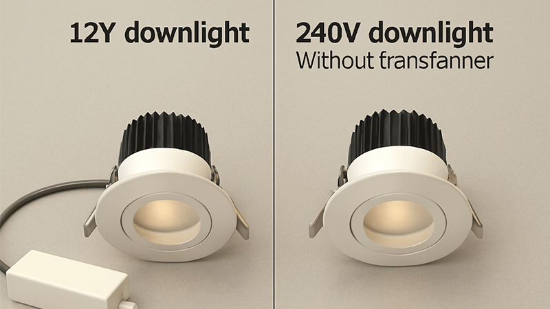 A comparison of a 12V downlight with a transformer and a 240V downlight without one