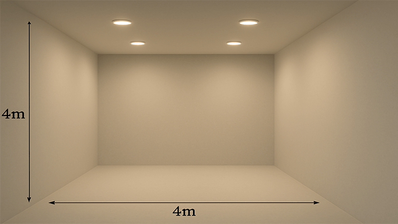 A 4x4 meter room with a grid of 4 LED downlights in the ceiling