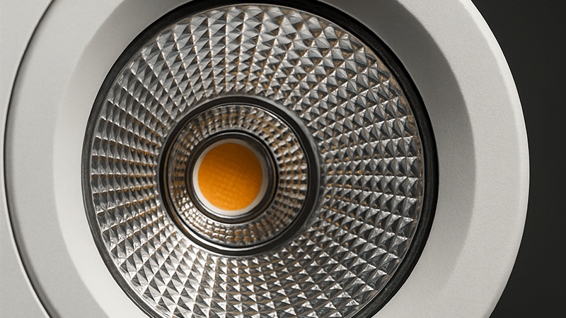 A close-up of a high-quality LED downlight lens showing its intricate design.