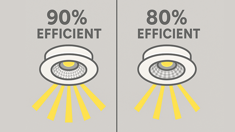 An infographic comparing a 90% efficient downlight next to an 80% efficient one.