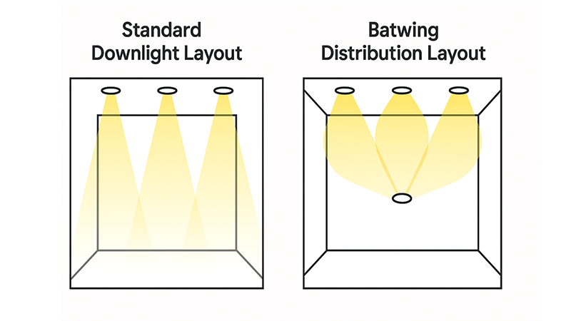A room layout showing the difference between a standard downlight layout and a Batwing distribution layout.