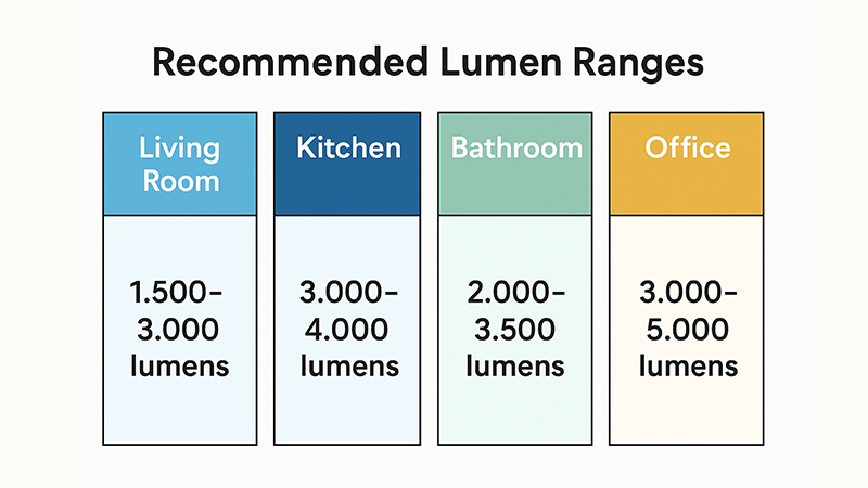 A chart showing recommended lumen ranges for different room types like living rooms, kitchens, and offices.