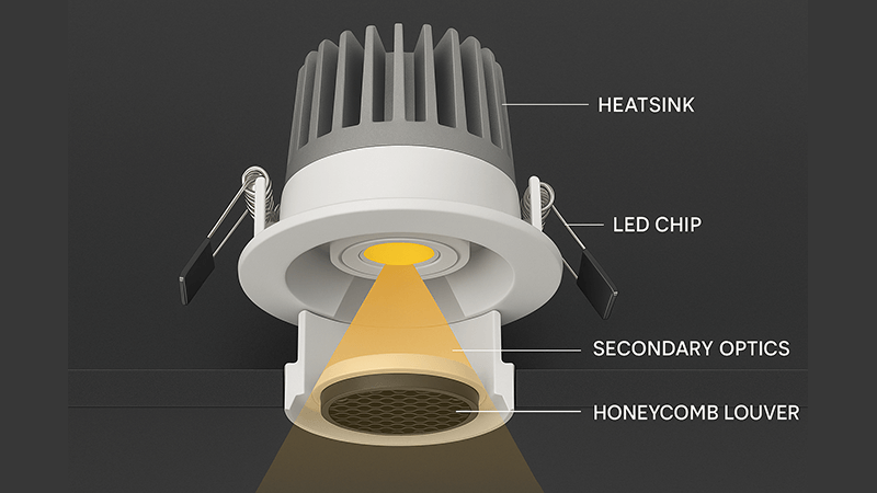 A cutaway view of a high-quality LED downlight showing the heatsink, LED chip, and secondary optics like a honeycomb louver.