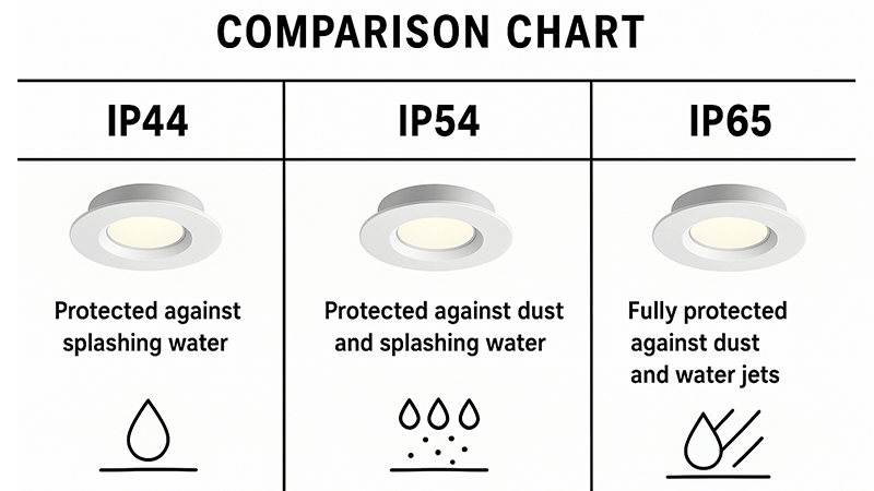 A comparison chart showing the differences between IP44, IP54, and IP65 rated downlights