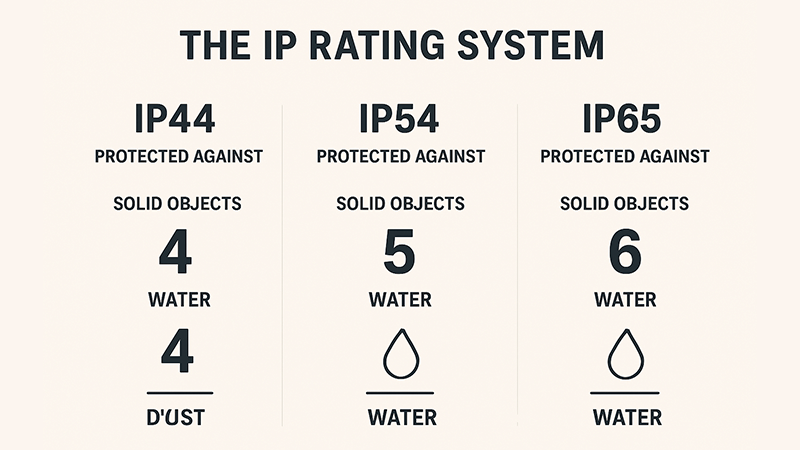 A detailed infographic explaining the IP rating system for IP44, IP54, and IP65