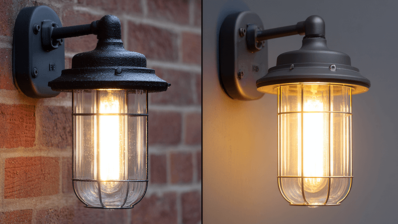 Side-by-side comparison of an IP54 and IP65 light fixture