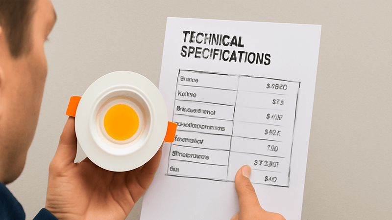 A person inspecting the technical specifications of an LED downlight