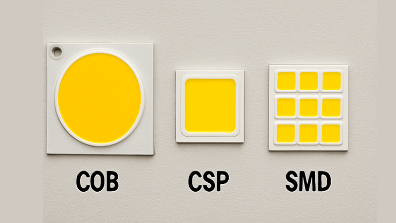 A comparison image of COB, CSP, and SMD LED chips