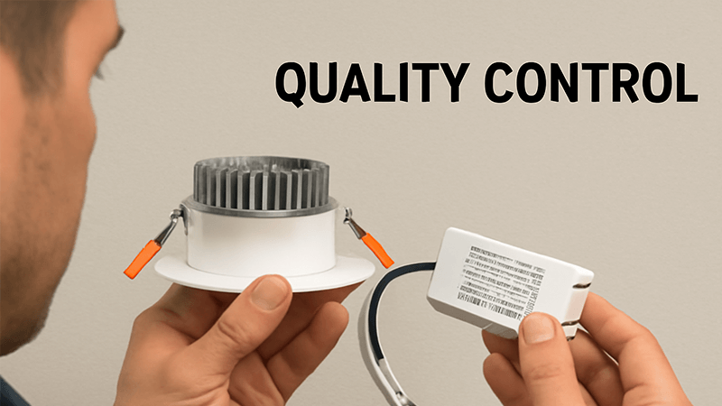 A quality control expert examining an LED light driver and heatsink