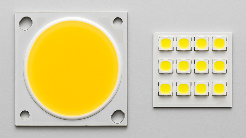 Close-up of a COB LED chip vs an SMD LED chip