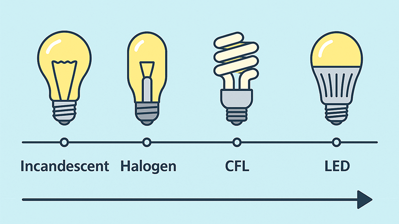 Timeline showing the evolution of lighting from incandescent to LED