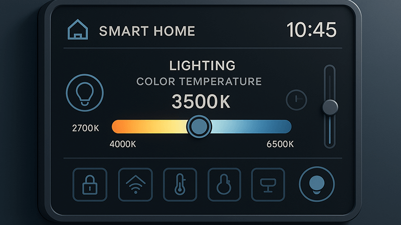 Futuristic smart home dashboard controlling LED lighting color temperature