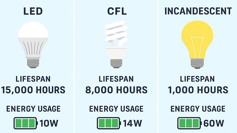 Infographic comparing LED, CFL, and Incandescent bulb lifespan and energy use