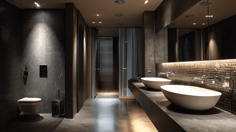 IP44 LED Downlights in a modern hotel bathroom