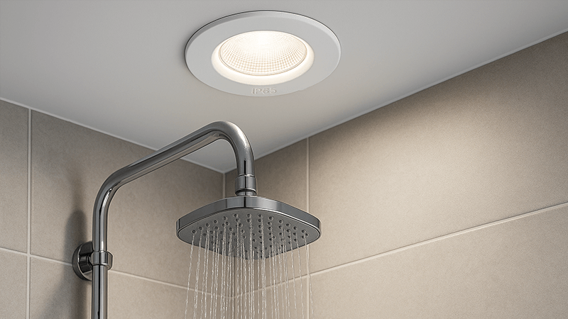 IP65 LED downlight installed directly above a shower head