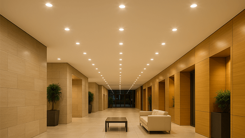 A modern commercial space lit with energy-efficient LED downlights