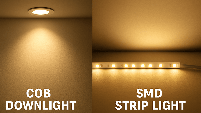 A split image showing a COB downlight beam and an SMD strip light glow