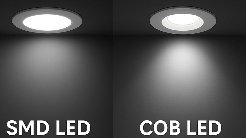 SMD vs COB LED Light A visual comparison of an SMD LED array and a single COB LED chip