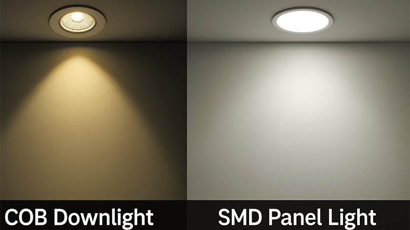 A side-by-side comparison of a focused COB downlight and a wide-angle SMD panel light