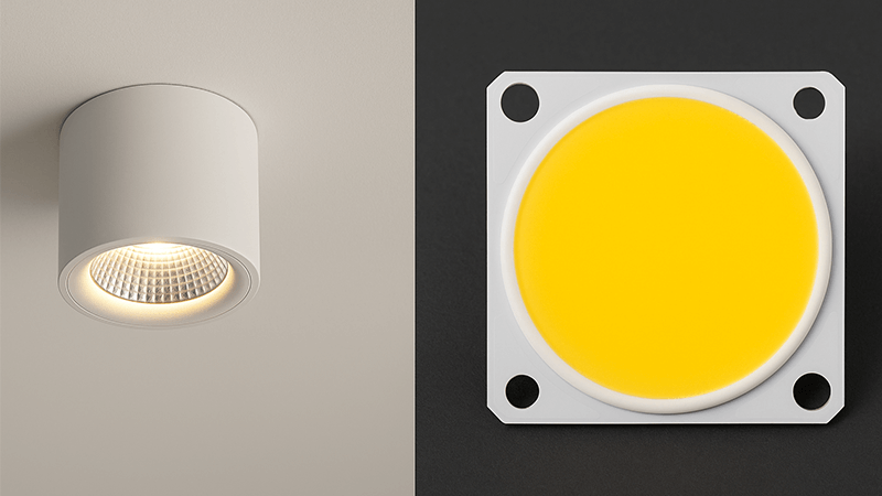 A surface-mounted downlight fixture on a ceiling next to a close-up of a COB LED chip