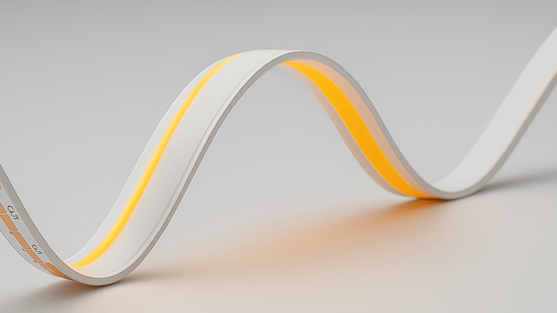 A flexible COB LED strip bent into a smooth curve, illustrating its flexibility
