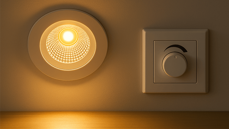 A dimmable COB downlight with a dimmer switch on the wall, showing adjustable brightness levels