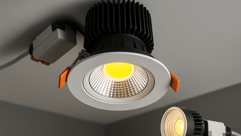 A modern COB LED downlight with its internal components visible