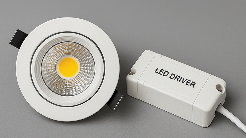 A close-up of a COB LED downlight and its corresponding LED driver.