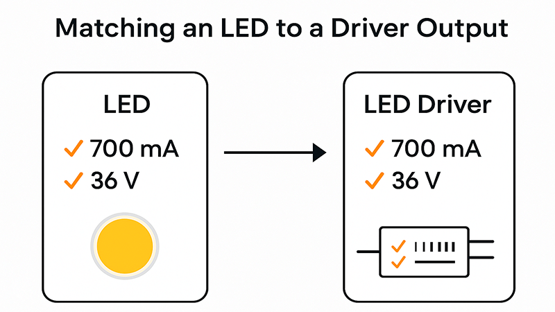 A diagram showing how to match an LED's specs (mA and V) with a driver's output specs.