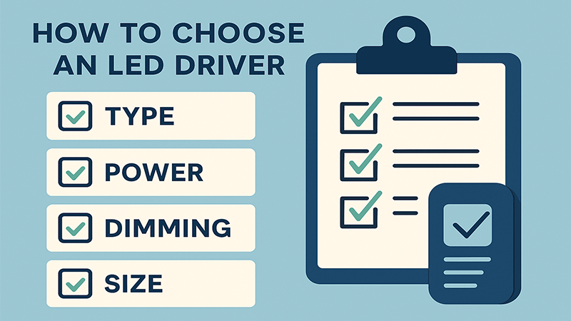 A checklist graphic showing steps to choose an LED driver: Type, Power, Dimming, Size.