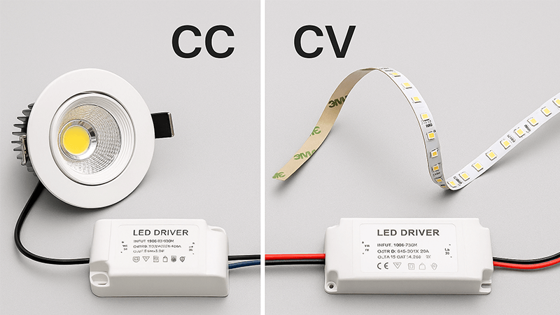 A side-by-side comparison of a CC driver connected to a COB LED and a CV driver connected to an LED strip.