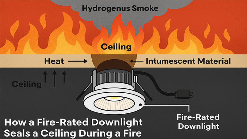 A diagram showing how a fire-rated downlight seals a ceiling during a fire.