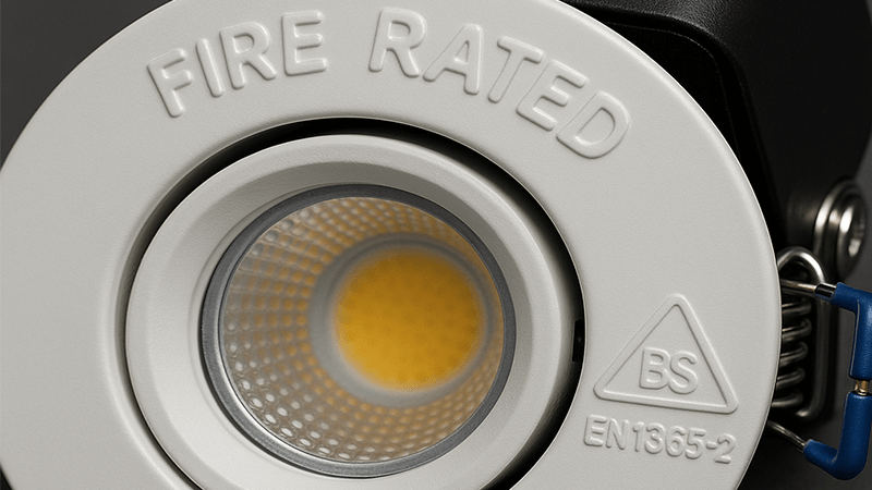 A close-up of a certification mark on a fire-rated downlight.