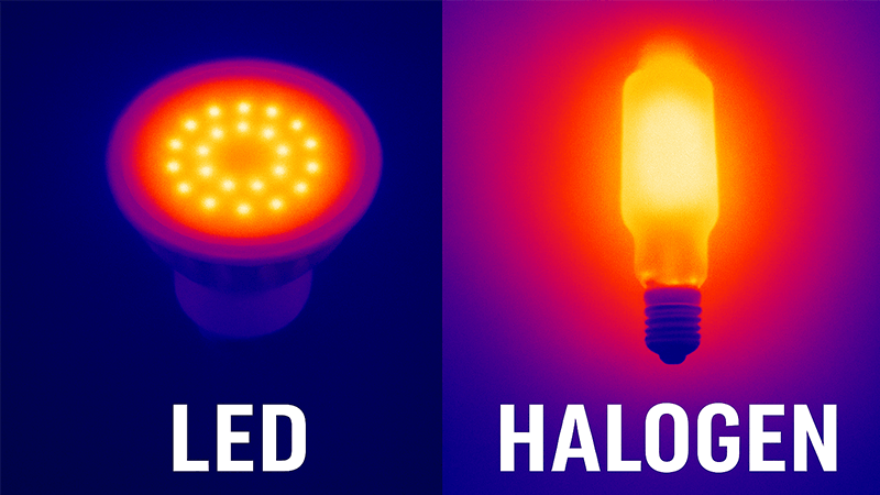 An infrared image showing the low heat output of an LED compared to a halogen bulb.