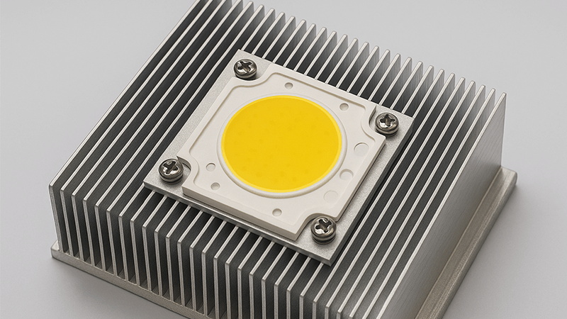 A COB LED module attached to a large aluminum heat sink to dissipate heat.