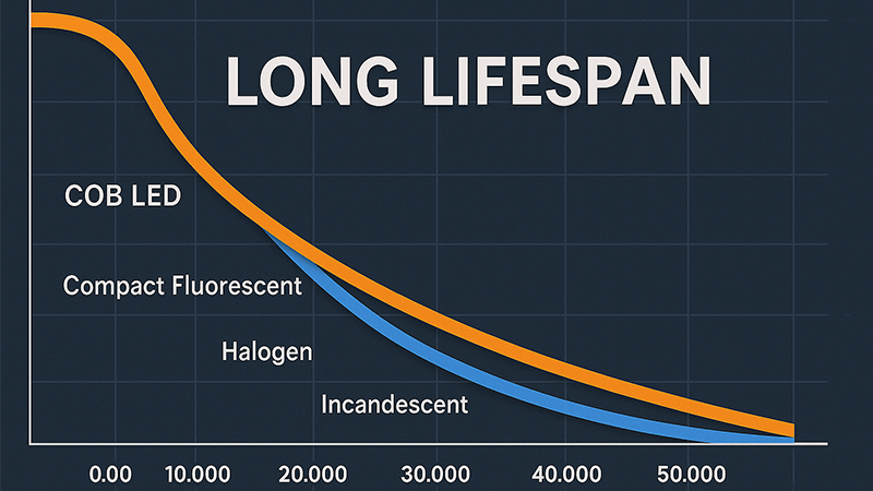 A graph showing the long lifespan of COB LED lights compared to others