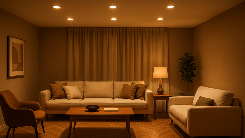 A stylish living room illuminated with warm COB downlights