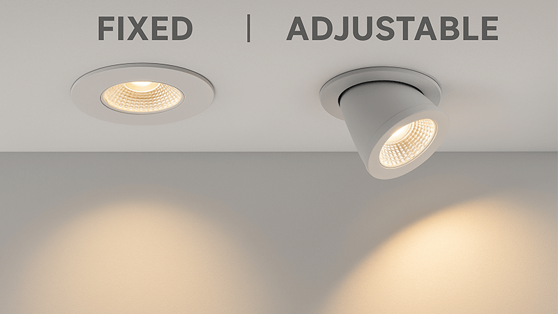 A comparison of fixed and adjustable COB LED downlights installed in a ceiling