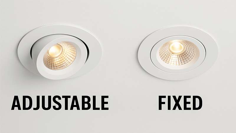 An adjustable downlight next to a fixed downlight to show the difference