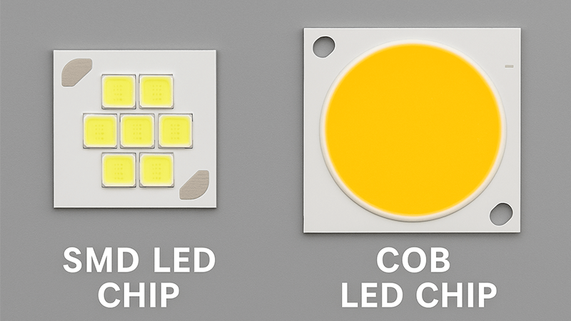 A comparison showing an SMD LED chip and a COB LED chip side-by-side