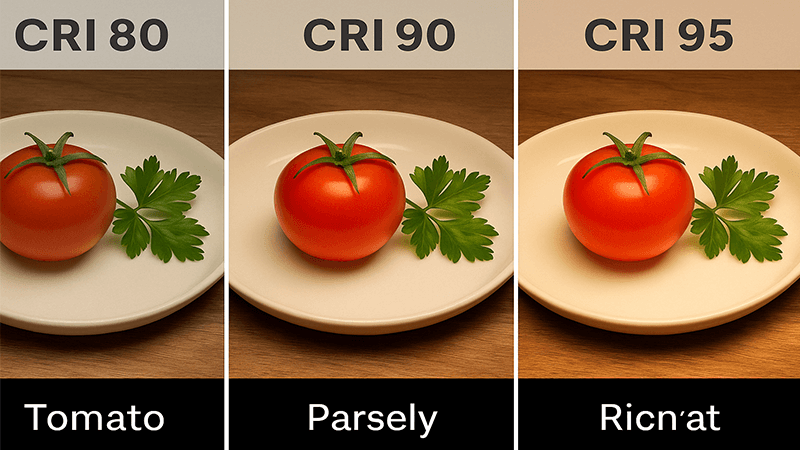 Comparison of an object under CRI 80, CRI 90, and CRI 95 light