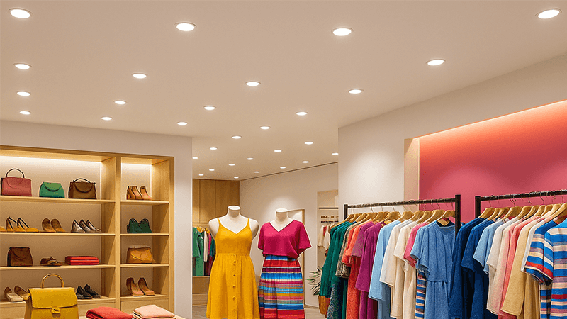 A vibrant retail store interior illuminated with high CRI downlights
